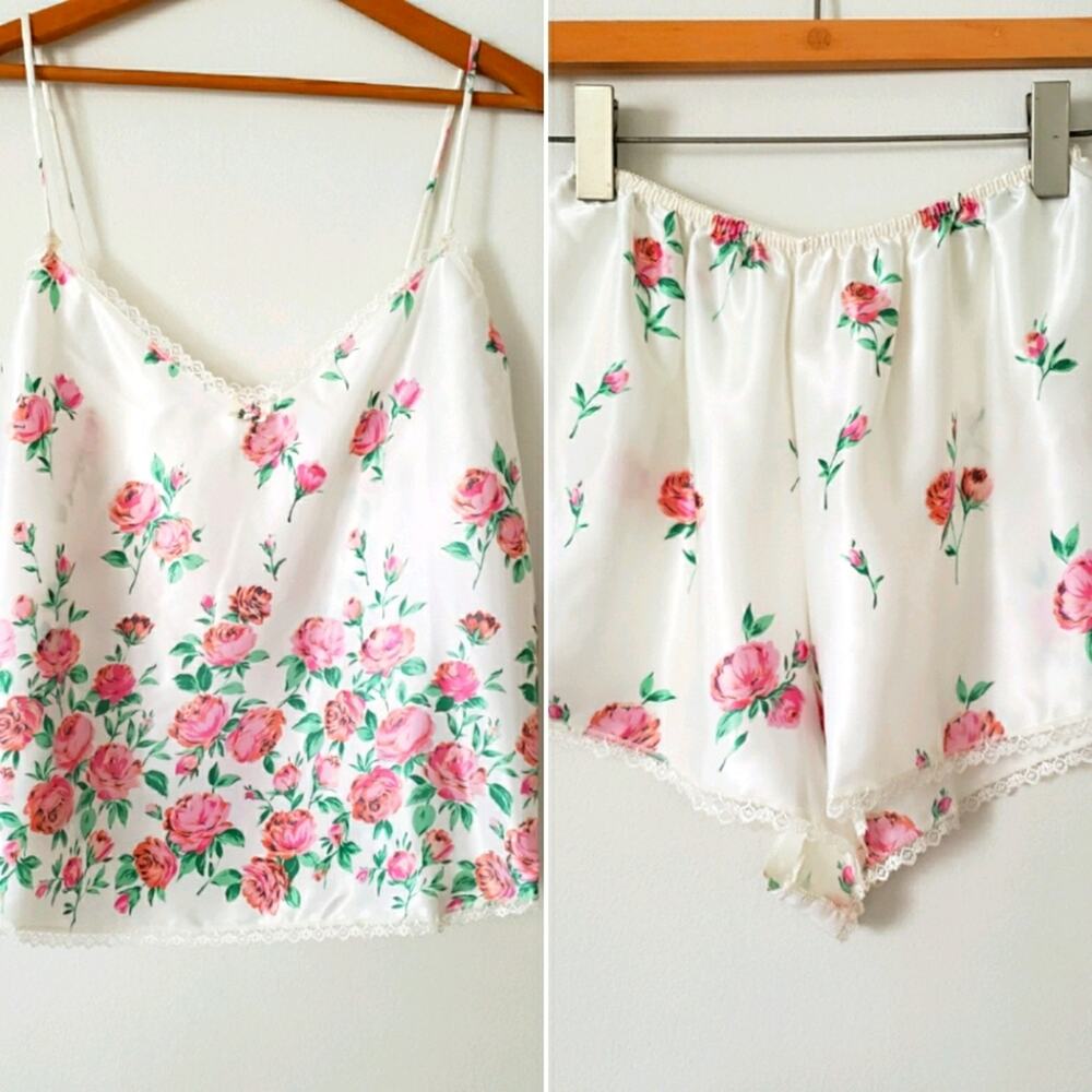 Vintage Antique Rose Print Sleep Set Tank & Shorts Size Large